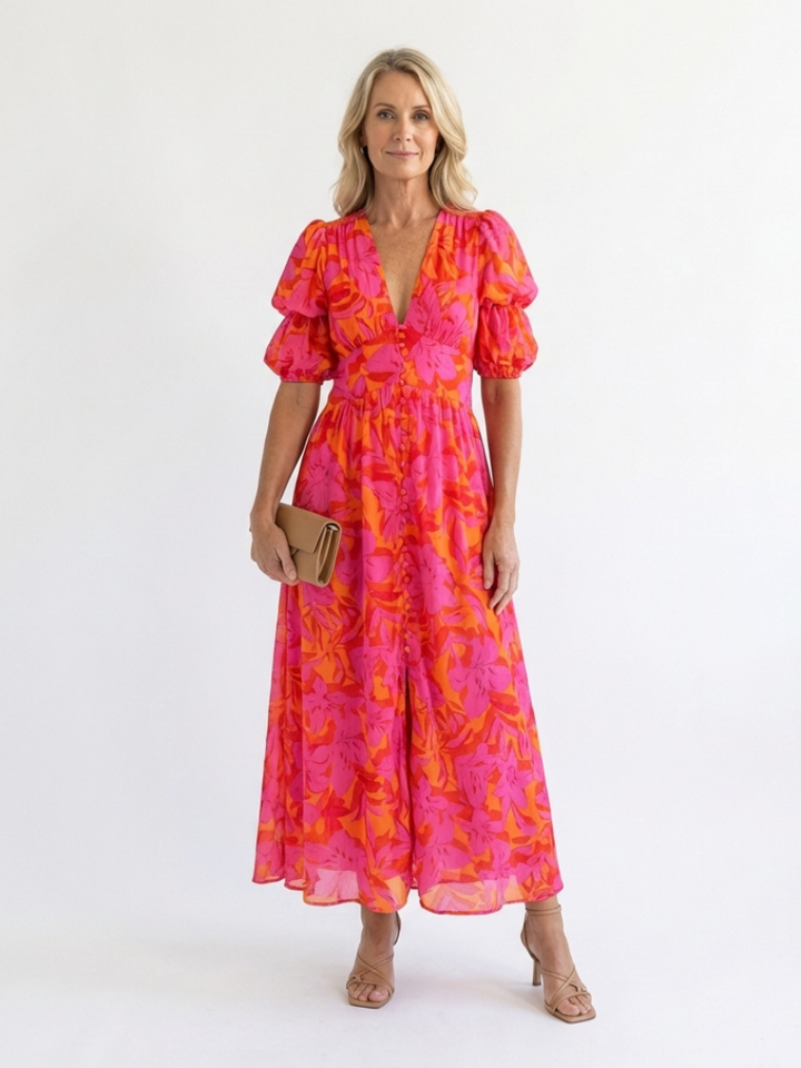 Margot Biarritz - Robe Midi à Manches Bouffantes Willow