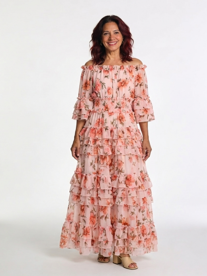Margot Biarritz - Robe Maxi à Volants Florale Décolleté Rosalie