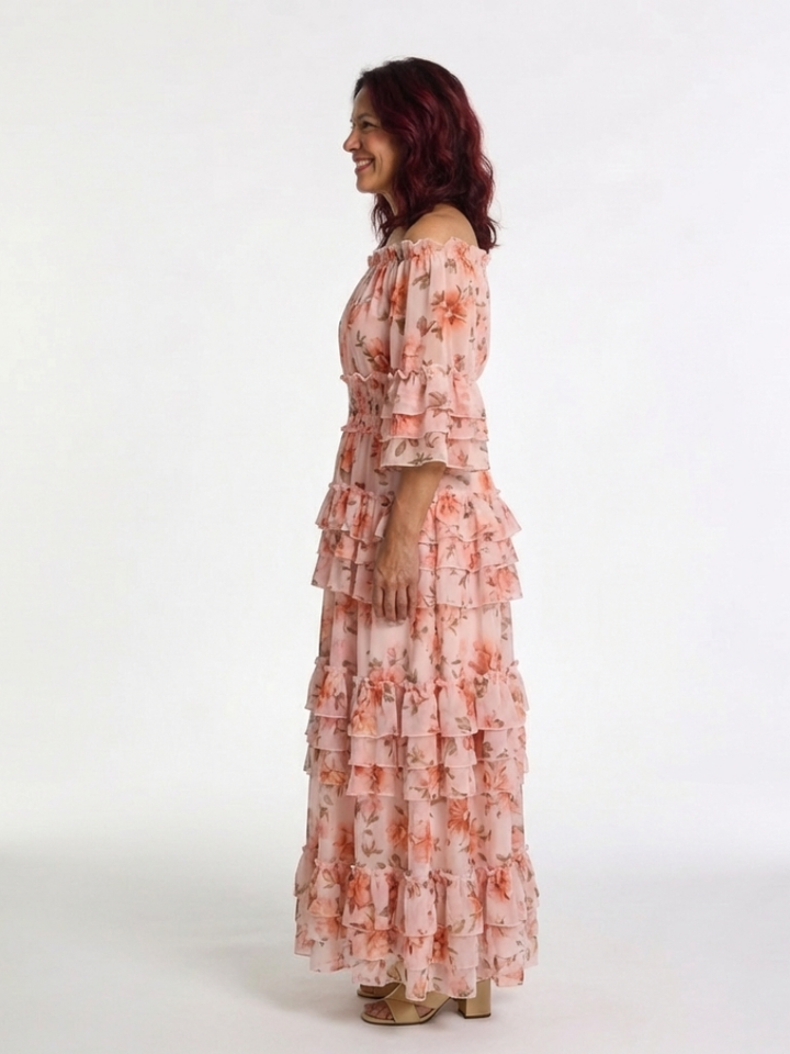 Margot Biarritz - Robe Maxi à Volants Florale Décolleté Rosalie