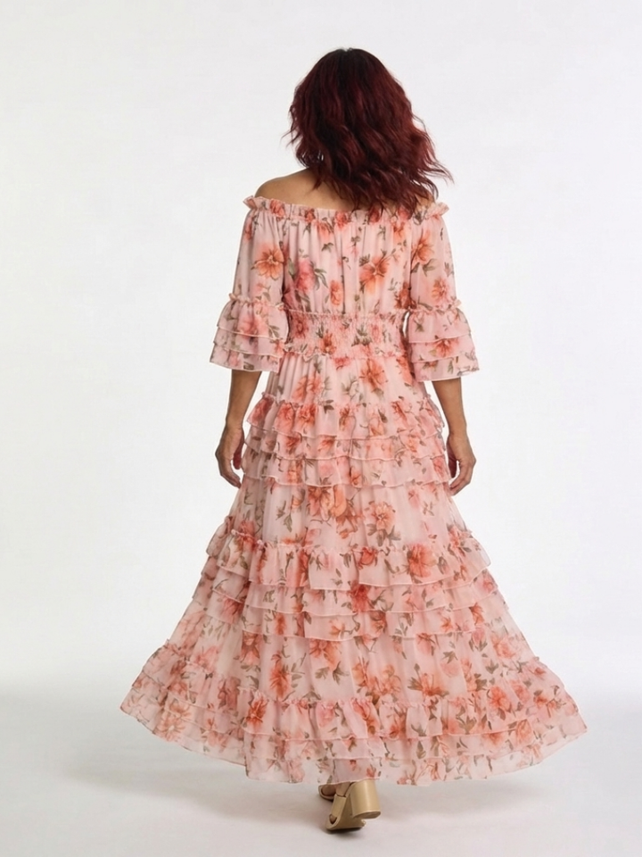 Margot Biarritz - Robe Maxi à Volants Florale Décolleté Rosalie