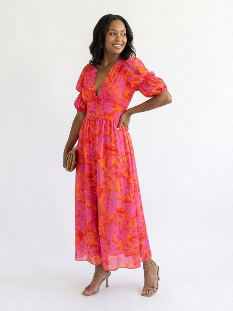 Margot Biarritz - Robe Midi à Manches Bouffantes Willow