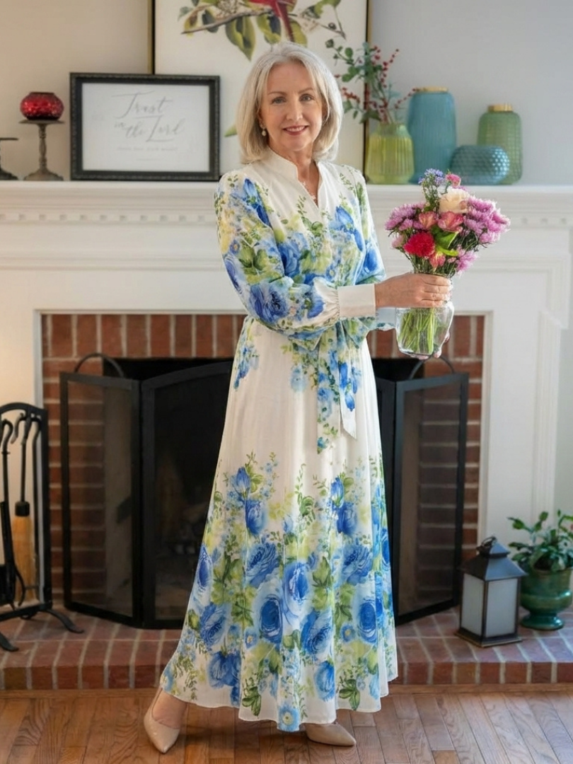 Margot Biarritz - Robe Maxi à Manches Longues Fleurs Nora