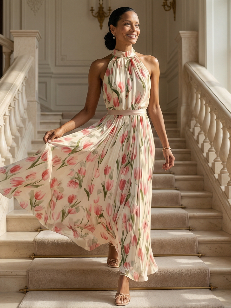 Margot Biarritz - Robe Midi à Col Halter à Fleurs Aurelle
