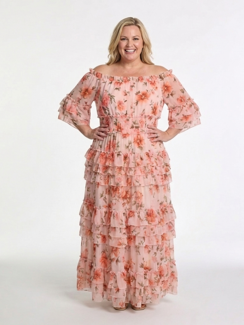 Margot Biarritz - Robe Maxi à Volants Florale Décolleté Rosalie