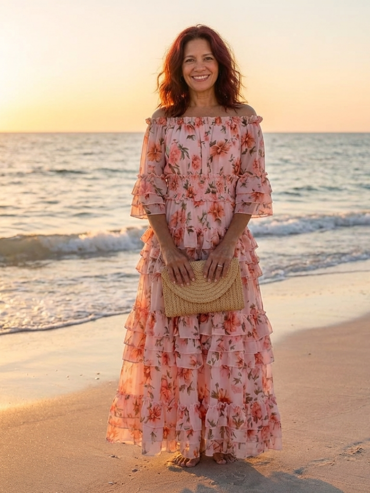 Margot Biarritz - Robe Maxi à Volants Florale Décolleté Rosalie