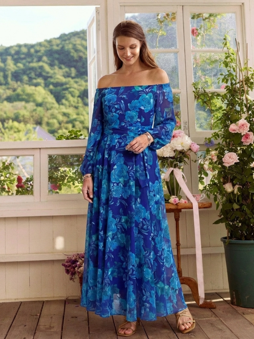 Margot Biarritz - Robe Maxi Fleurie à Épaules Dégagées