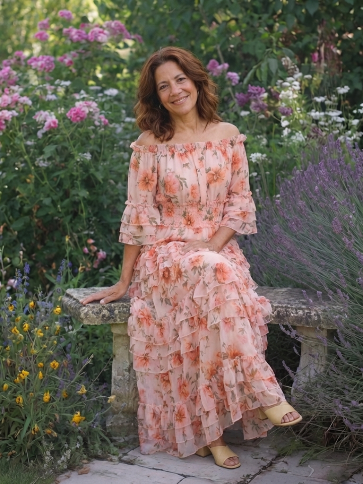 Margot Biarritz - Robe Maxi à Volants Florale Décolleté Rosalie