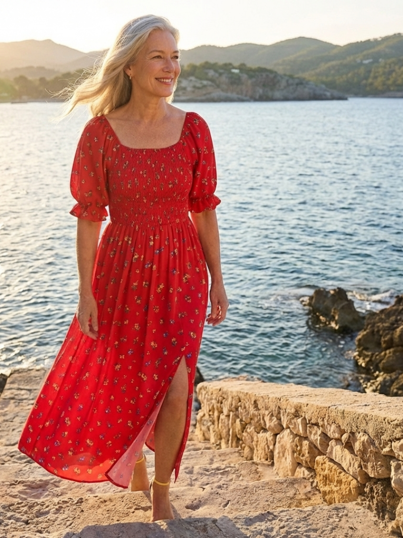 Margot Biarritz - Robe midi à manches bouffantes Delphine