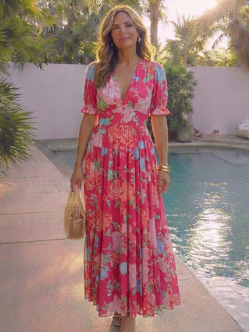 Margot Biarritz - Robe midi à fleurs à manches courtes Ione