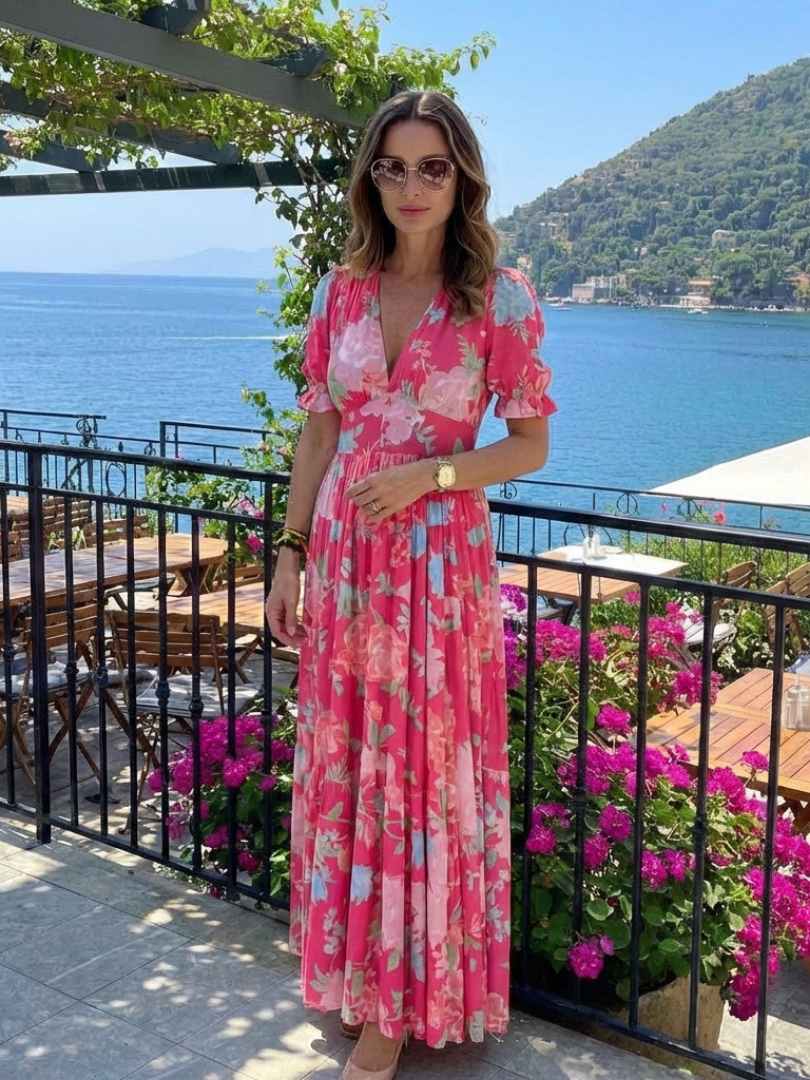 Margot Biarritz - Robe midi à fleurs à manches courtes Ione