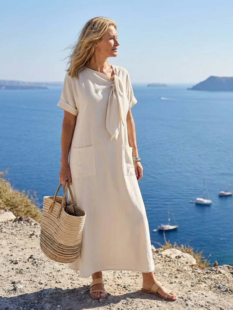 Margot Biarritz - Robe Maxi à Encolure Ronde et Manches Rosalie