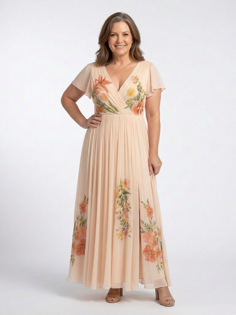 Margot Biarritz - Robe Maxi Florale Plissée à Manches
