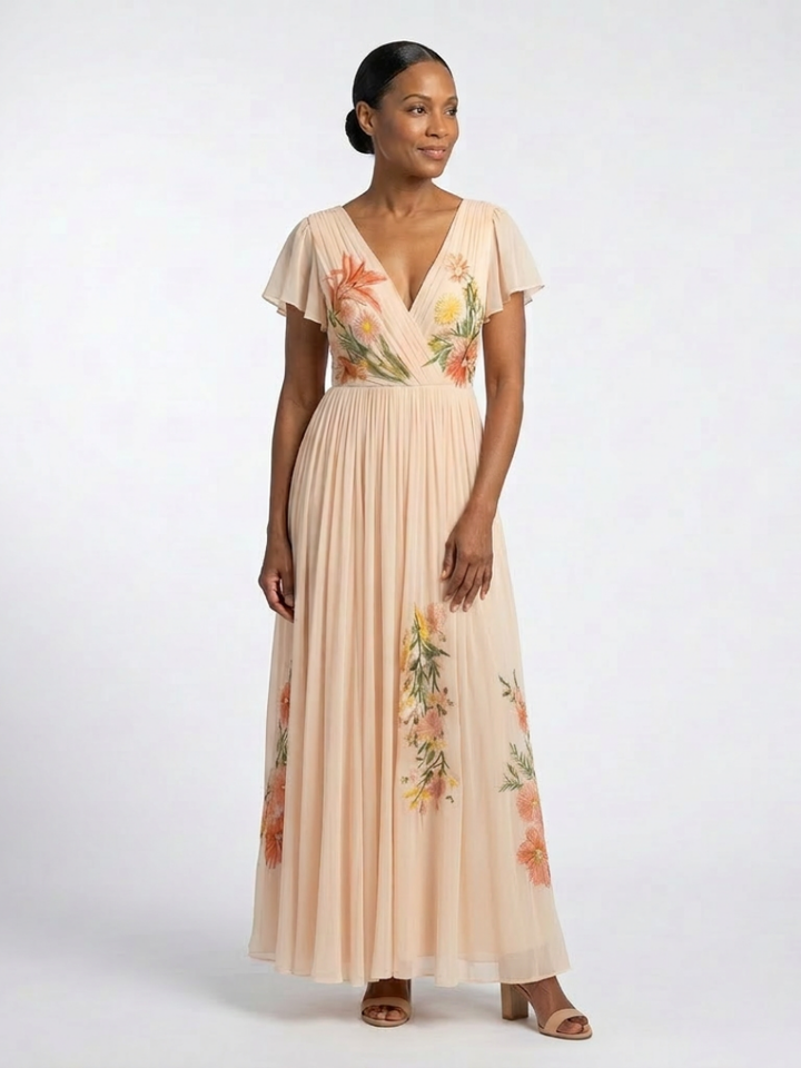 Margot Biarritz - Robe Maxi Florale Plissée à Manches