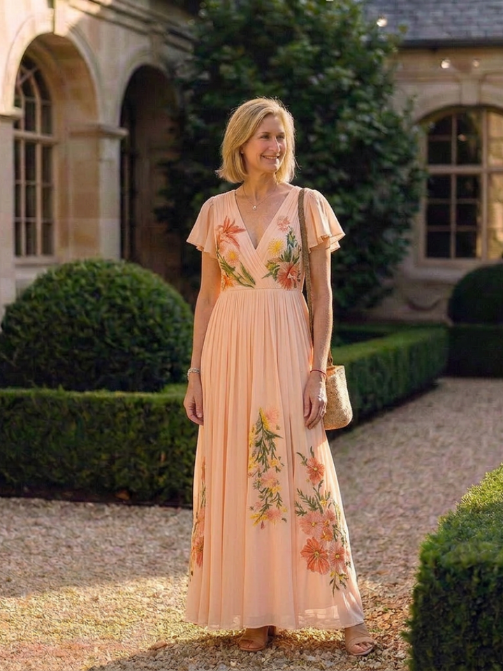 Margot Biarritz - Robe Maxi Florale Plissée à Manches
